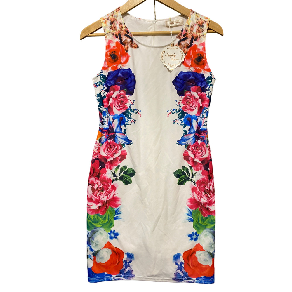 Simply Couture White Floral Bodycon Dress Small Rose Hibiscus Poppy Tropical NWT